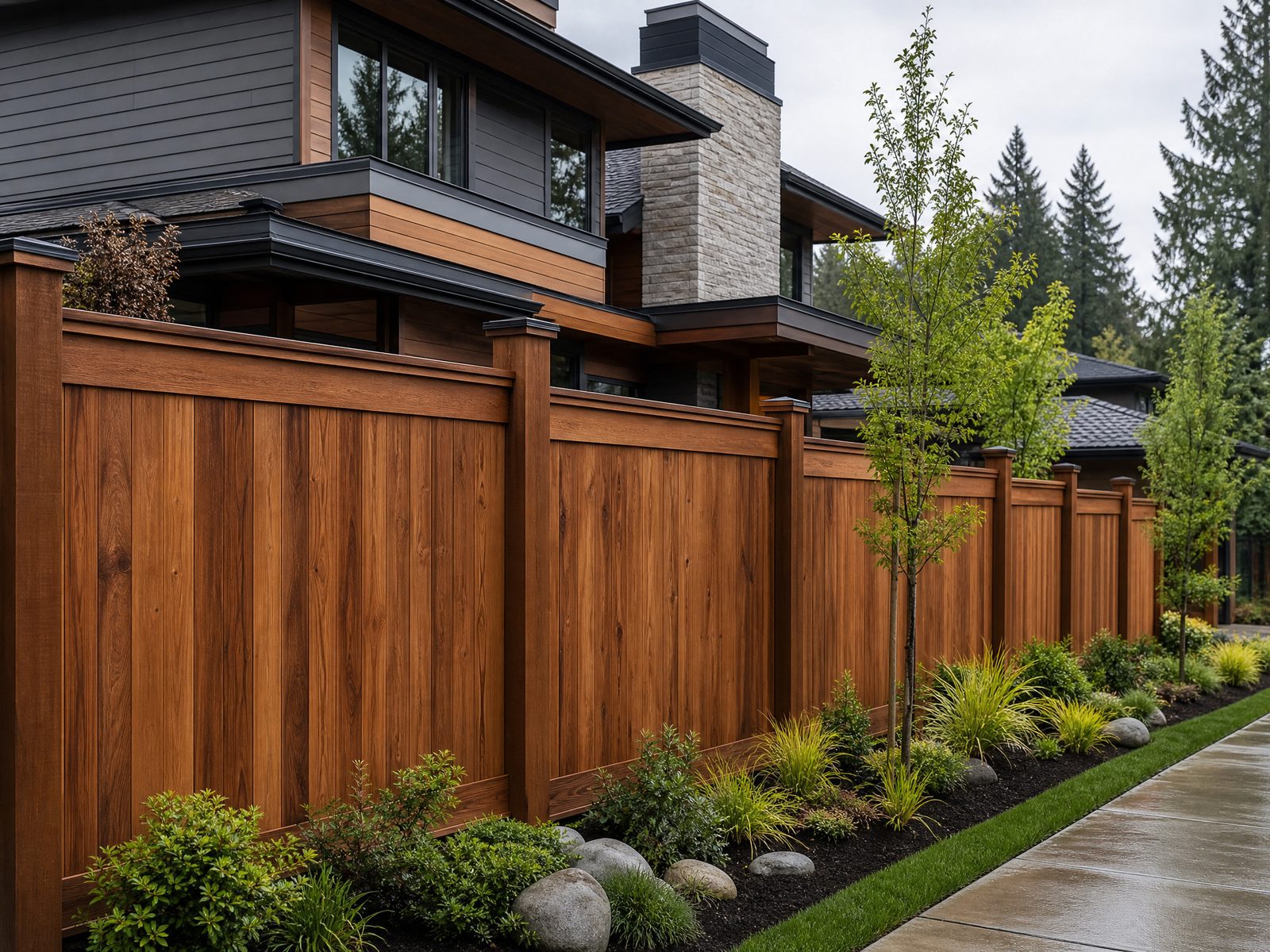 Freshly stained cedar fence